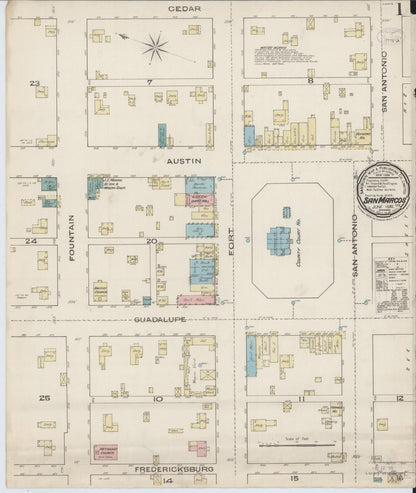 Sanborn Fire Insurance Map from San Marcos, Hays County, Texas (1885), Sheet #0001 - Complete Map Set gallery image, historic Sanborn map, vintage wall art, Texas Texas