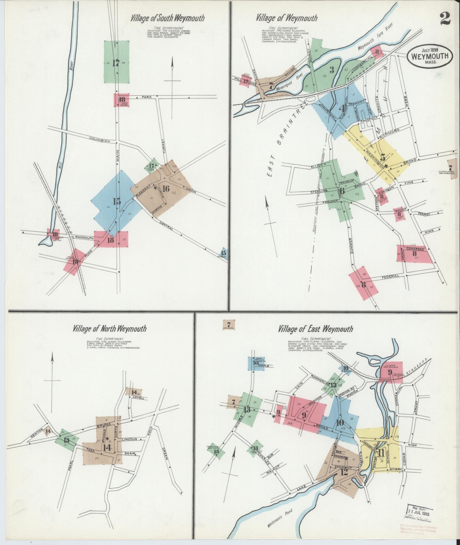 Sanborn Fire Insurance Map from Weymouth, Norfolk County, Massachusetts (1899), Sheet #0002 - Complete Map Set gallery image, historic Sanborn map, vintage wall art, Massachusetts Massachusetts