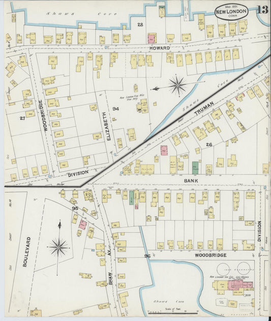 Sanborn Fire Insurance Map from New London, New London County, Connecticut (1891), Sheet #0013 - Historic Sanborn Fire Insurance Map Print, vintage old map wall art, antique decor, genealogy gift, Connecticut Connecticut map