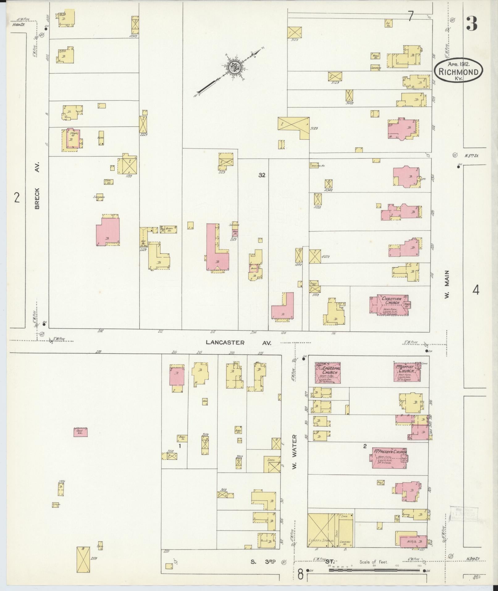 Sanborn Fire Insurance Map from Richmond, Madison County, Kentucky (1912), Sheet #0003 - Historic Sanborn Fire Insurance Map Print, vintage old map wall art, antique decor, genealogy gift, Kentucky Kentucky map