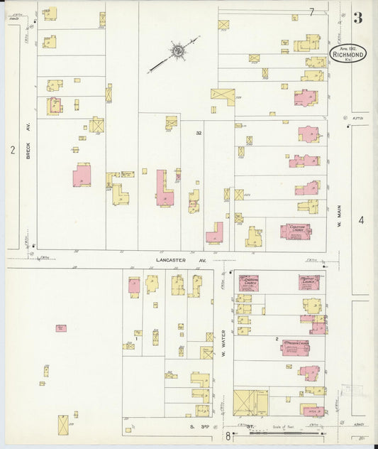 Sanborn Fire Insurance Map from Richmond, Madison County, Kentucky (1912), Sheet #0003 - Historic Sanborn Fire Insurance Map Print, vintage old map wall art, antique decor, genealogy gift, Kentucky Kentucky map