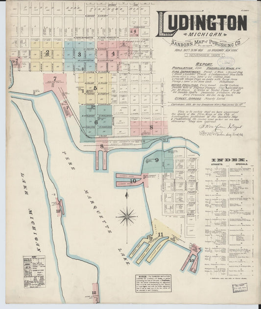 Sanborn Fire Insurance Map from Ludington, Mason County, Michigan (1883), Sheet #0001 - Historic Sanborn Fire Insurance Map Print, vintage old map wall art, antique decor, genealogy gift, Michigan Michigan map