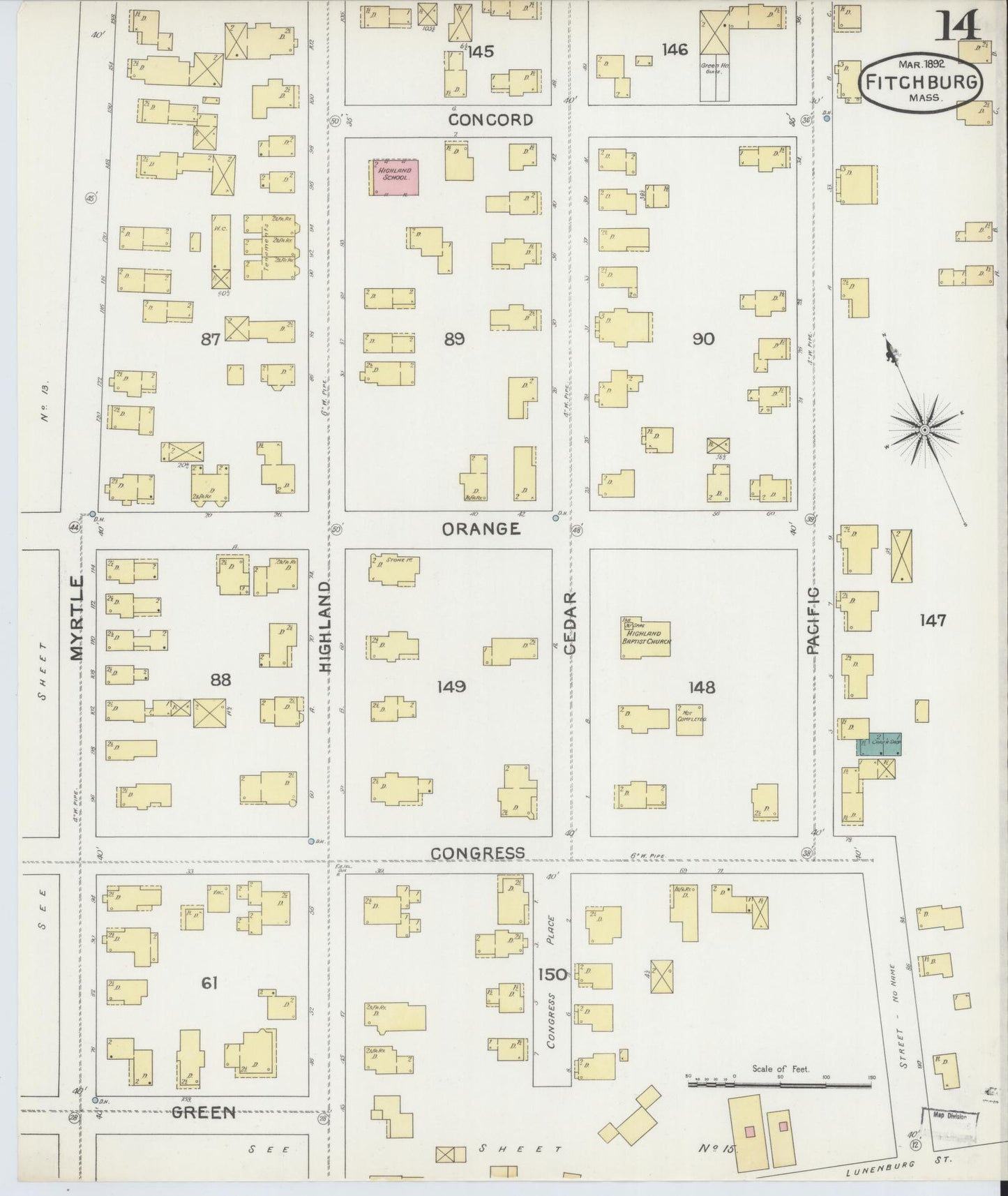 Sanborn Fire Insurance Map from Fitchburg, Worcester County, Massachusetts (1892), Sheet #0014 - Complete Map Set gallery image, historic Sanborn map, vintage wall art, Massachusetts Massachusetts
