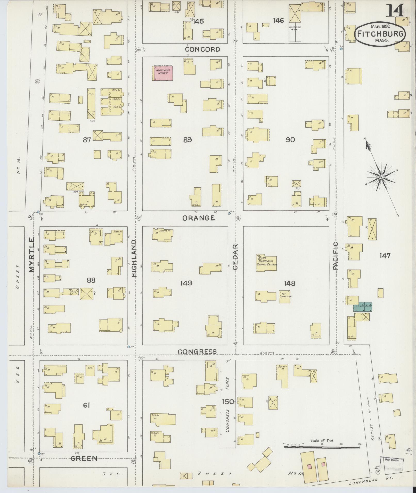 Sanborn Fire Insurance Map from Fitchburg, Worcester County, Massachusetts (1892), Sheet #0014 - Complete Map Set gallery image, historic Sanborn map, vintage wall art, Massachusetts Massachusetts