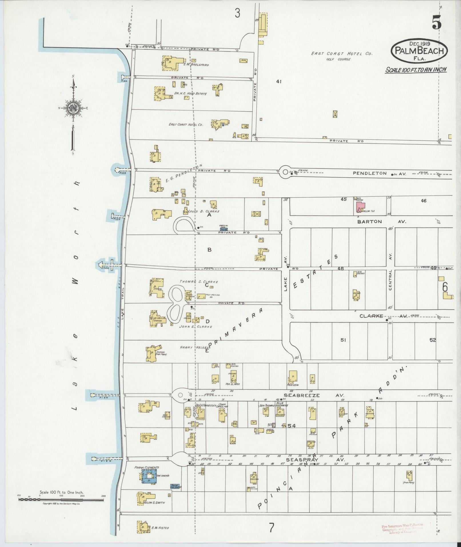 Sanborn Fire Insurance Map from Palm Beach, Palm Beach County, Florida (1919), Sheet #0005 - Historic Sanborn Fire Insurance Map Print, vintage old map wall art, antique decor, genealogy gift, Florida Florida map