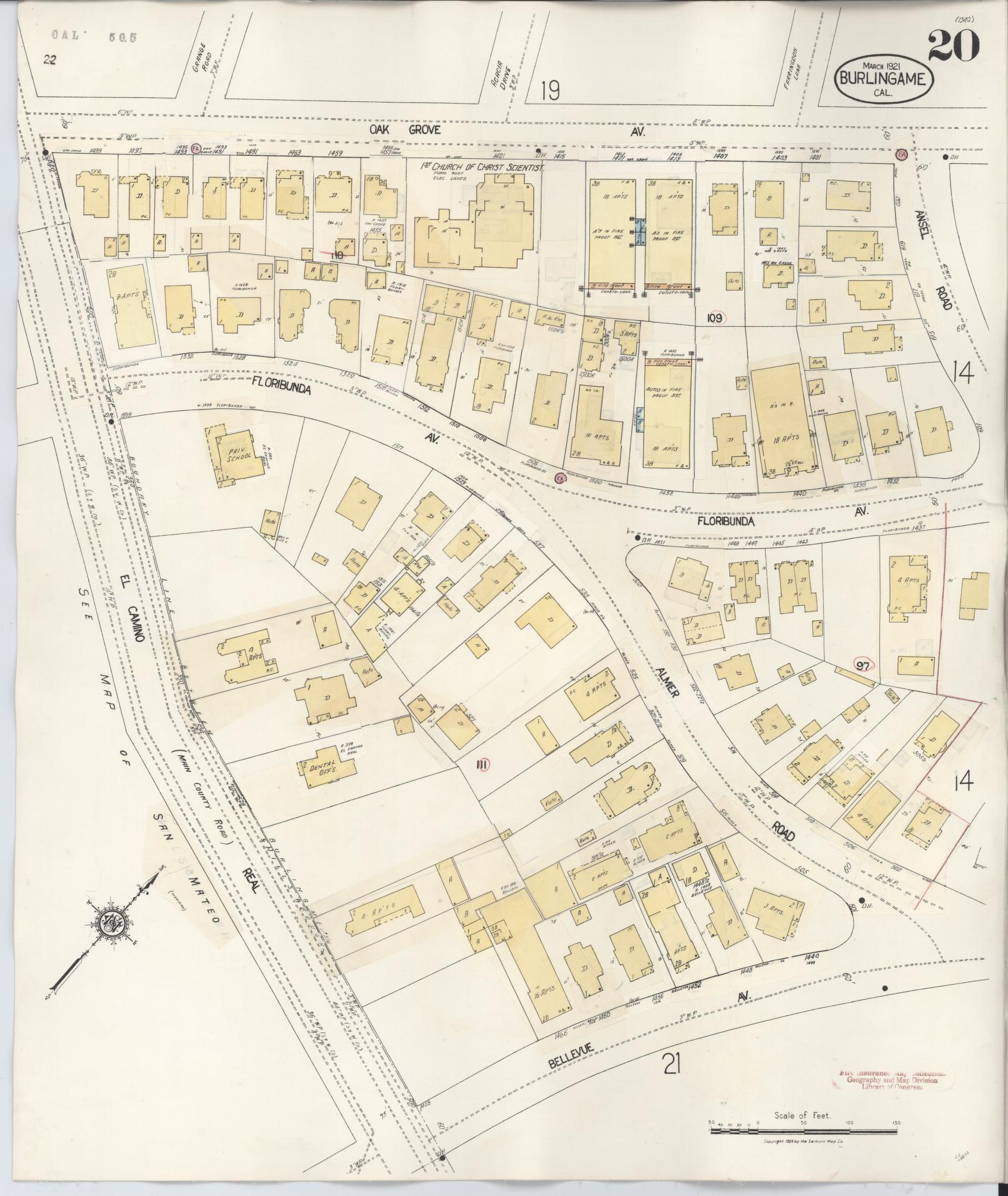 Sanborn Fire Insurance Map from Burlingame, San Mateo County, California (1949), Sheet #0020 - Complete Map Set gallery image, historic Sanborn map, vintage wall art, California California