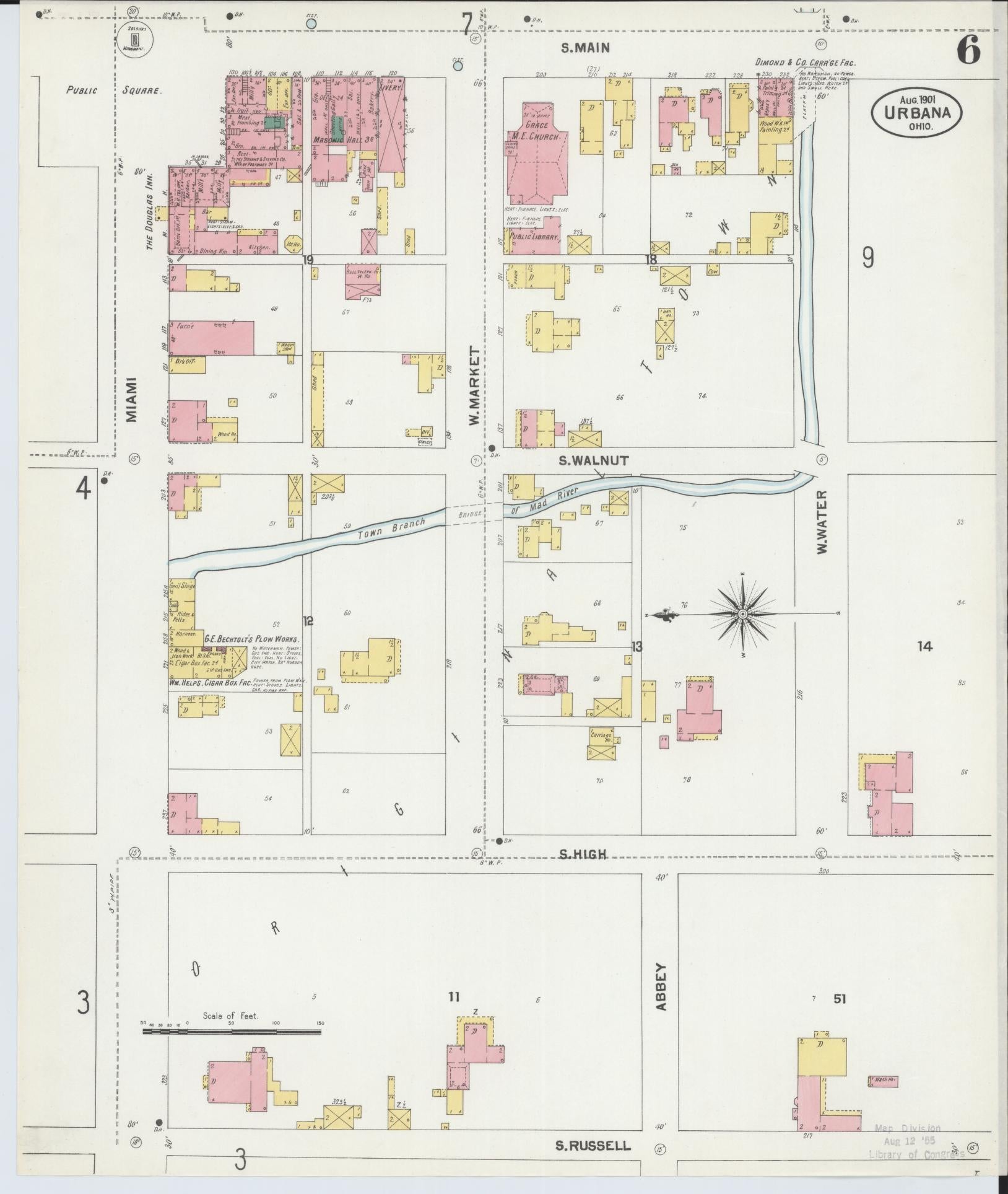 Sanborn Fire Insurance Map from Urbana, Champaign County, Ohio (1901), Sheet #0006 - Historic Sanborn Fire Insurance Map Print, vintage old map wall art, antique decor, genealogy gift, Ohio Ohio map