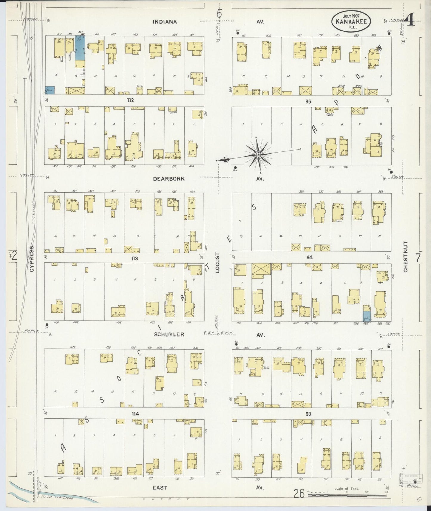 Sanborn Fire Insurance Map from Kankakee, Kankakee County, Illinois (1907), Sheet #0004 - Historic Sanborn Fire Insurance Map Print, vintage old map wall art, antique decor, genealogy gift, Illinois Illinois map