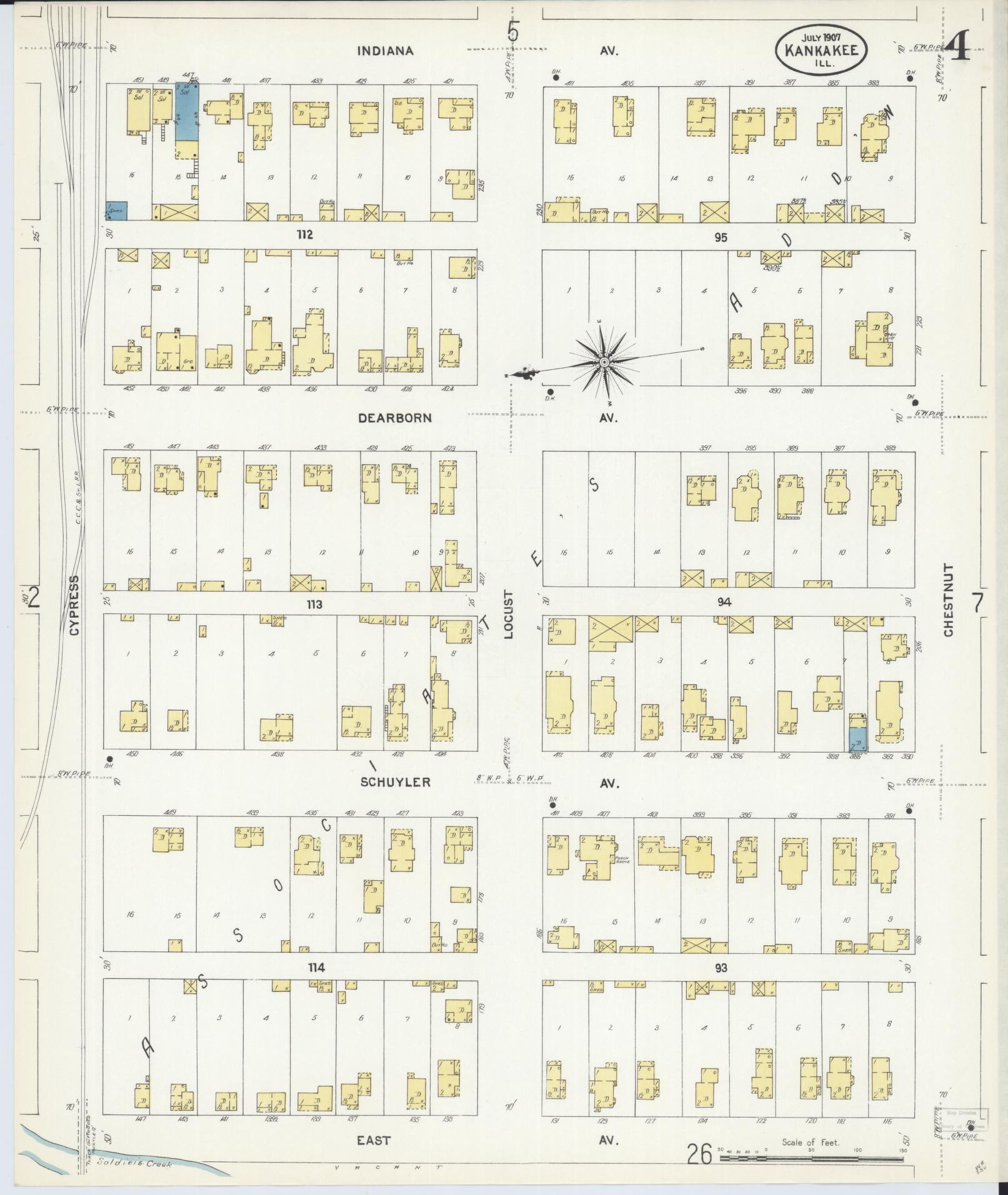 Sanborn Fire Insurance Map from Kankakee, Kankakee County, Illinois (1907), Sheet #0004 - Historic Sanborn Fire Insurance Map Print, vintage old map wall art, antique decor, genealogy gift, Illinois Illinois map