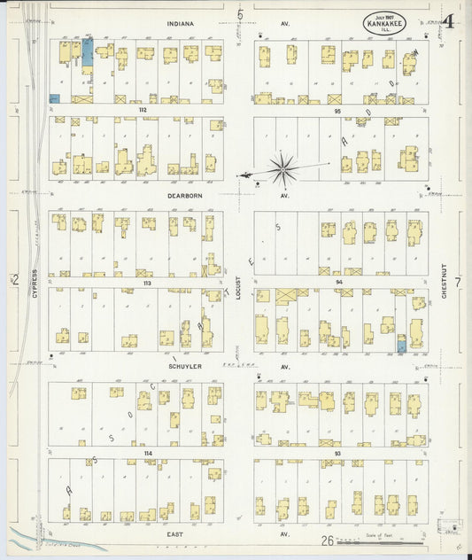 Sanborn Fire Insurance Map from Kankakee, Kankakee County, Illinois (1907), Sheet #0004 - Historic Sanborn Fire Insurance Map Print, vintage old map wall art, antique decor, genealogy gift, Illinois Illinois map