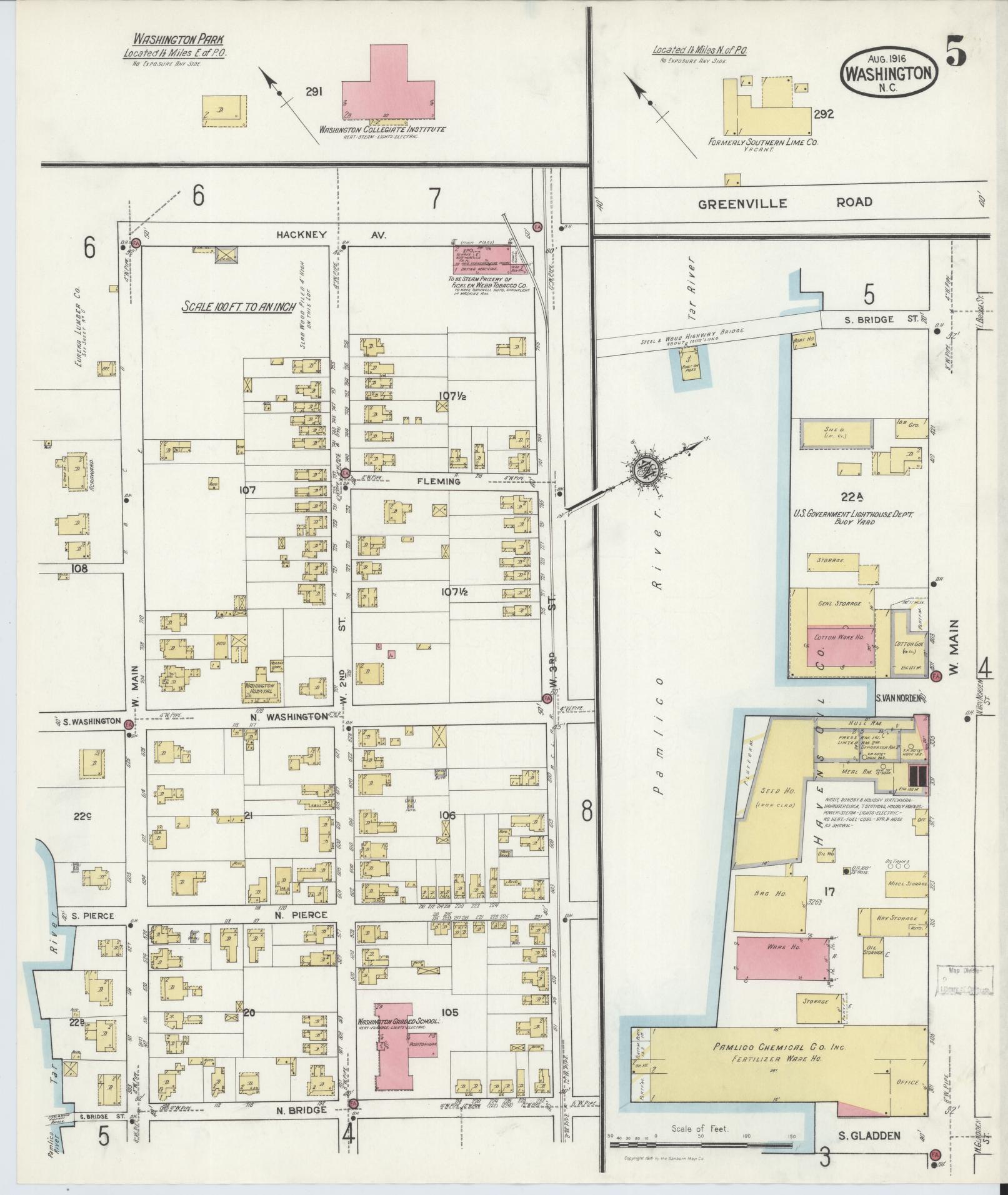 Sanborn Fire Insurance Map from Washington, Beaufort County, North Carolina (1916), Sheet #0005 - Historic Sanborn Fire Insurance Map Print, vintage old map wall art, antique decor, genealogy gift, Washington Washington map