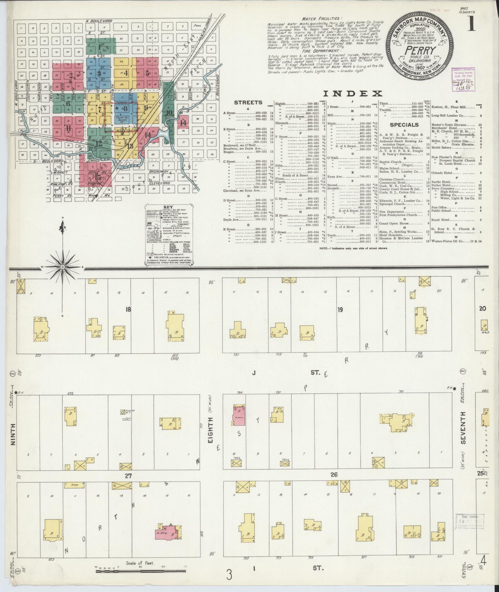 Sanborn Fire Insurance Map from Perry, Noble County, Oklahoma (1907), Sheet #0001 - Complete Map Set gallery image, historic Sanborn map, vintage wall art, Oklahoma Oklahoma