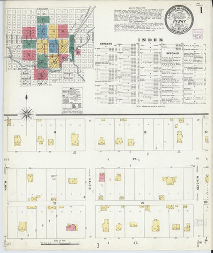 Sanborn Fire Insurance Map from Perry, Noble County, Oklahoma (1907), Sheet #0001 - Complete Map Set gallery image, historic Sanborn map, vintage wall art, Oklahoma Oklahoma