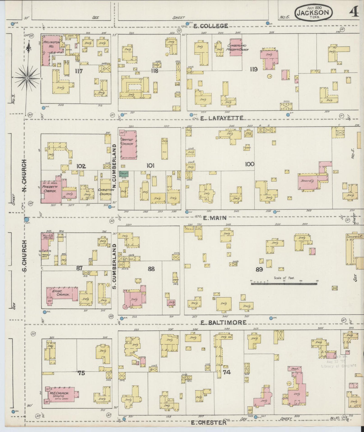 Sanborn Fire Insurance Map from Jackson, Madison County, Tennessee (1890), Sheet #0004 - Historic Sanborn Fire Insurance Map Print, vintage old map wall art, antique decor, genealogy gift, Tennessee Tennessee map