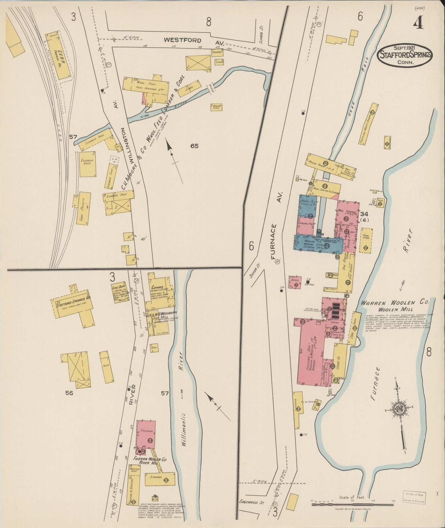 Sanborn Fire Insurance Map from Stafford Springs, Tolland County, Connecticut (1921), Sheet #0004 - Complete Map Set gallery image, historic Sanborn map, vintage wall art, Connecticut Connecticut