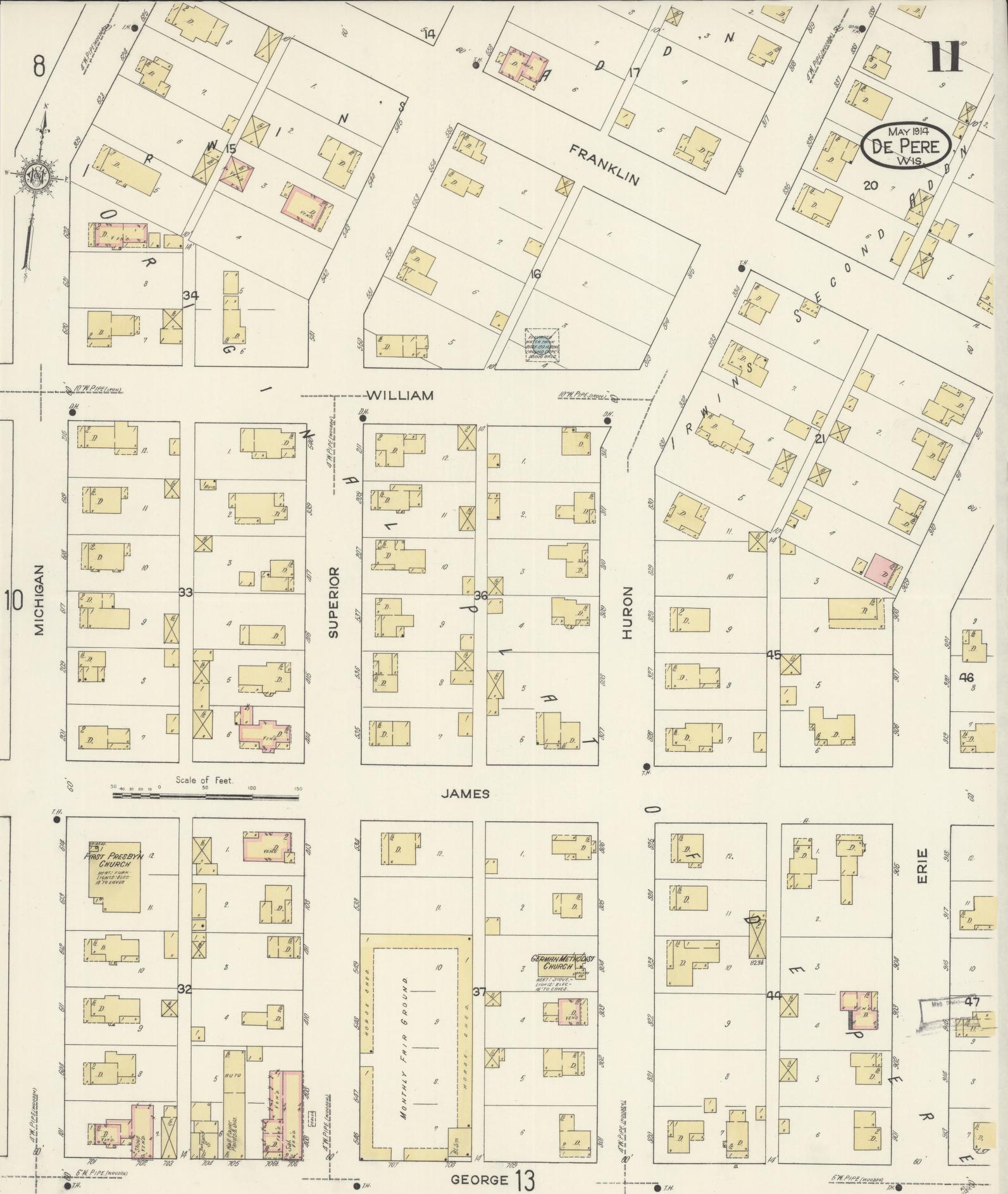 Sanborn Fire Insurance Map from De Pere, Brown County, Wisconsin (1914), Sheet #0011 - Historic Sanborn Fire Insurance Map Print, vintage old map wall art, antique decor, genealogy gift, Wisconsin Wisconsin map