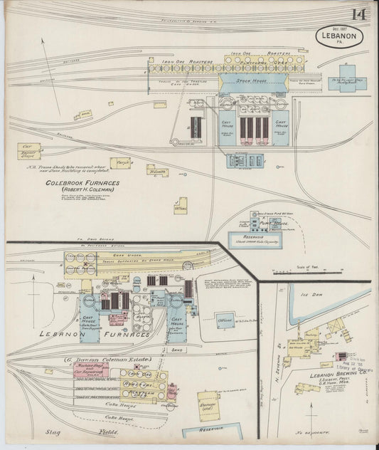 Sanborn Fire Insurance Map from Lebanon, Lebanon County, Pennsylvania (1887), Sheet #0014 - Historic Sanborn Fire Insurance Map Print, vintage old map wall art, antique decor, genealogy gift, Pennsylvania Pennsylvania map