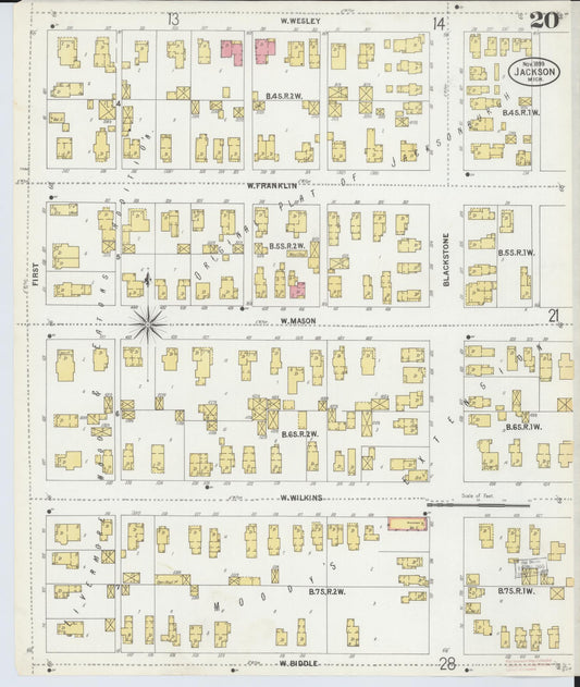Sanborn Fire Insurance Map from Jackson, Jackson County, Michigan (1899), Sheet #0020 - Historic Sanborn Fire Insurance Map Print, vintage old map wall art, antique decor, genealogy gift, Michigan Michigan map
