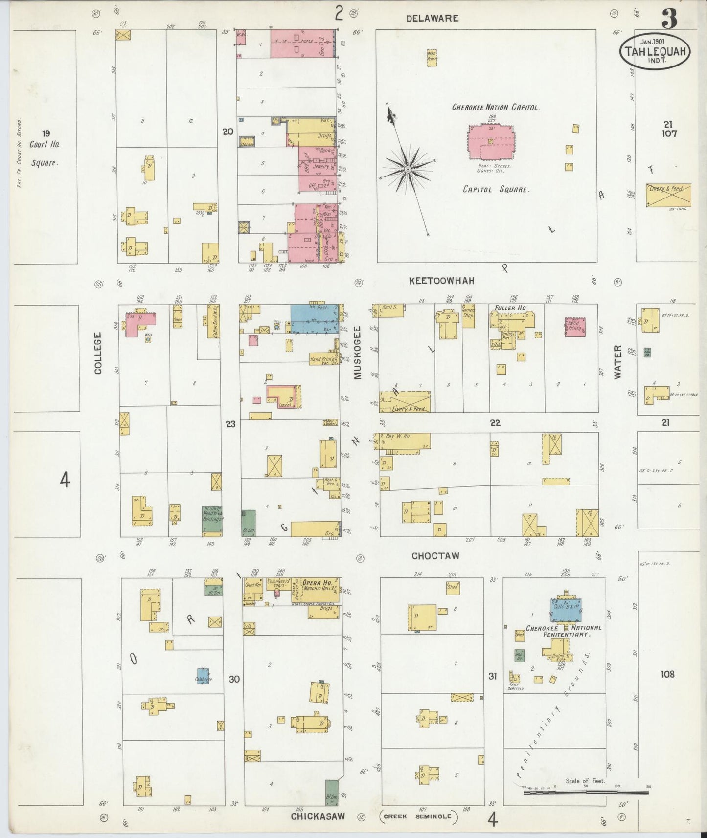 Sanborn Fire Insurance Map from Tahlequah, Cherokee County, Oklahoma (1901), Sheet #0003 - Historic Sanborn Fire Insurance Map Print, vintage old map wall art, antique decor, genealogy gift, Oklahoma Oklahoma map