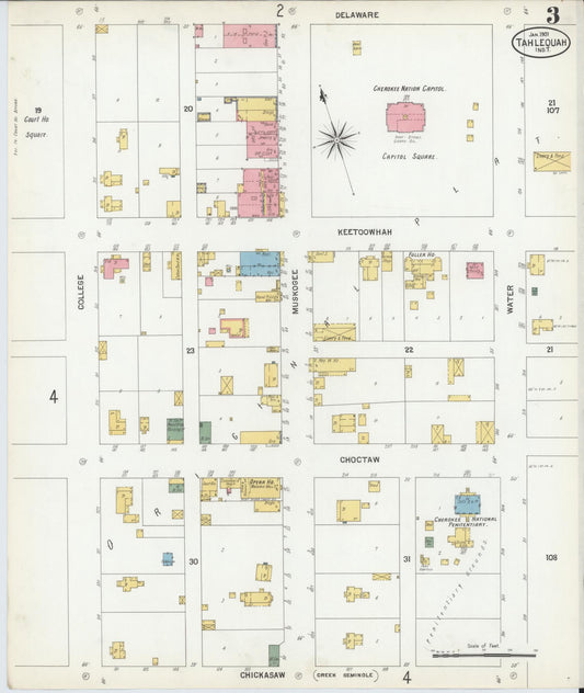 Sanborn Fire Insurance Map from Tahlequah, Cherokee County, Oklahoma (1901), Sheet #0003 - Historic Sanborn Fire Insurance Map Print, vintage old map wall art, antique decor, genealogy gift, Oklahoma Oklahoma map