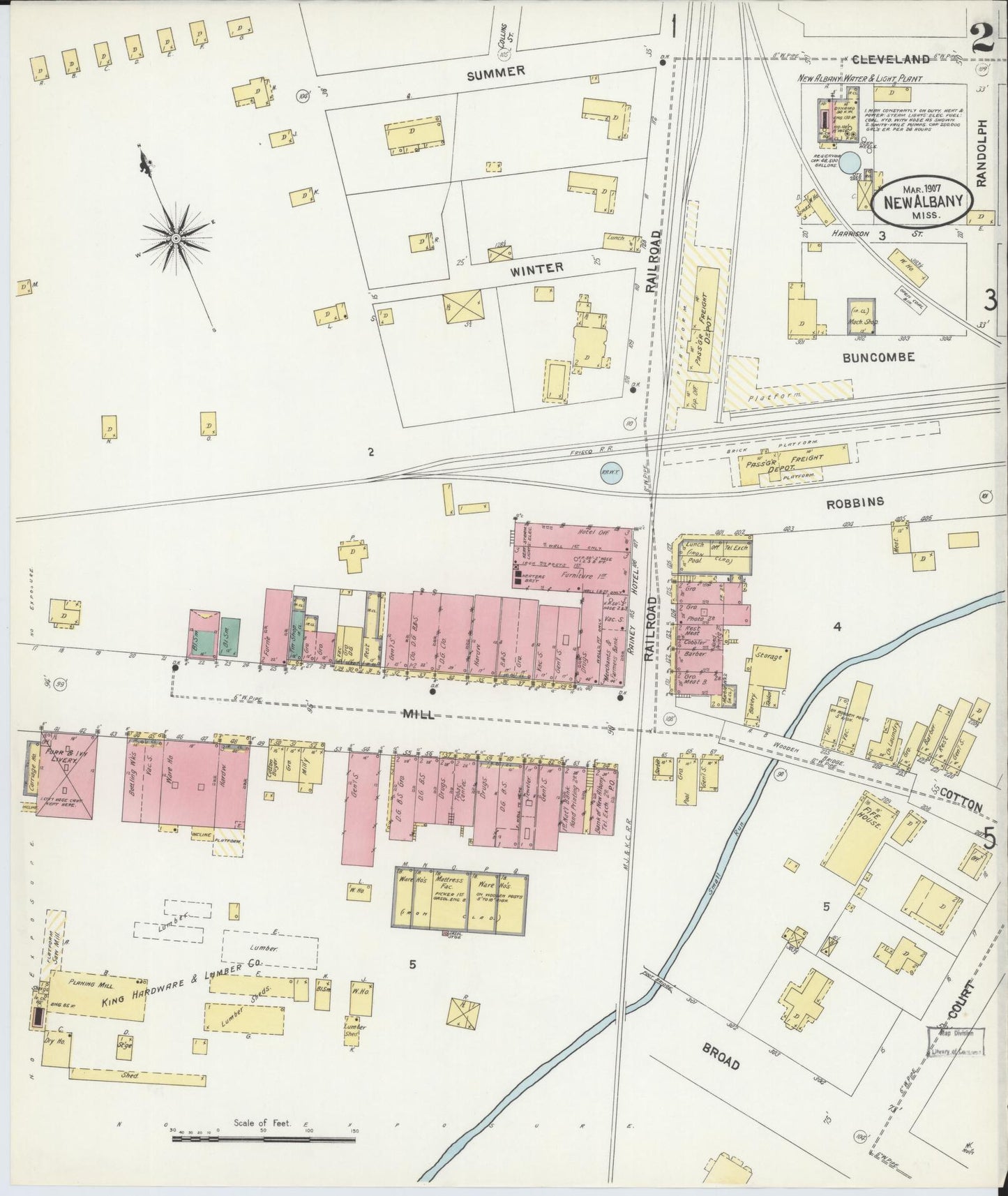 Sanborn Fire Insurance Map from New Albany, Union County, Mississippi (1907), Sheet #0002 - Complete Map Set gallery image, historic Sanborn map, vintage wall art, Mississippi Mississippi