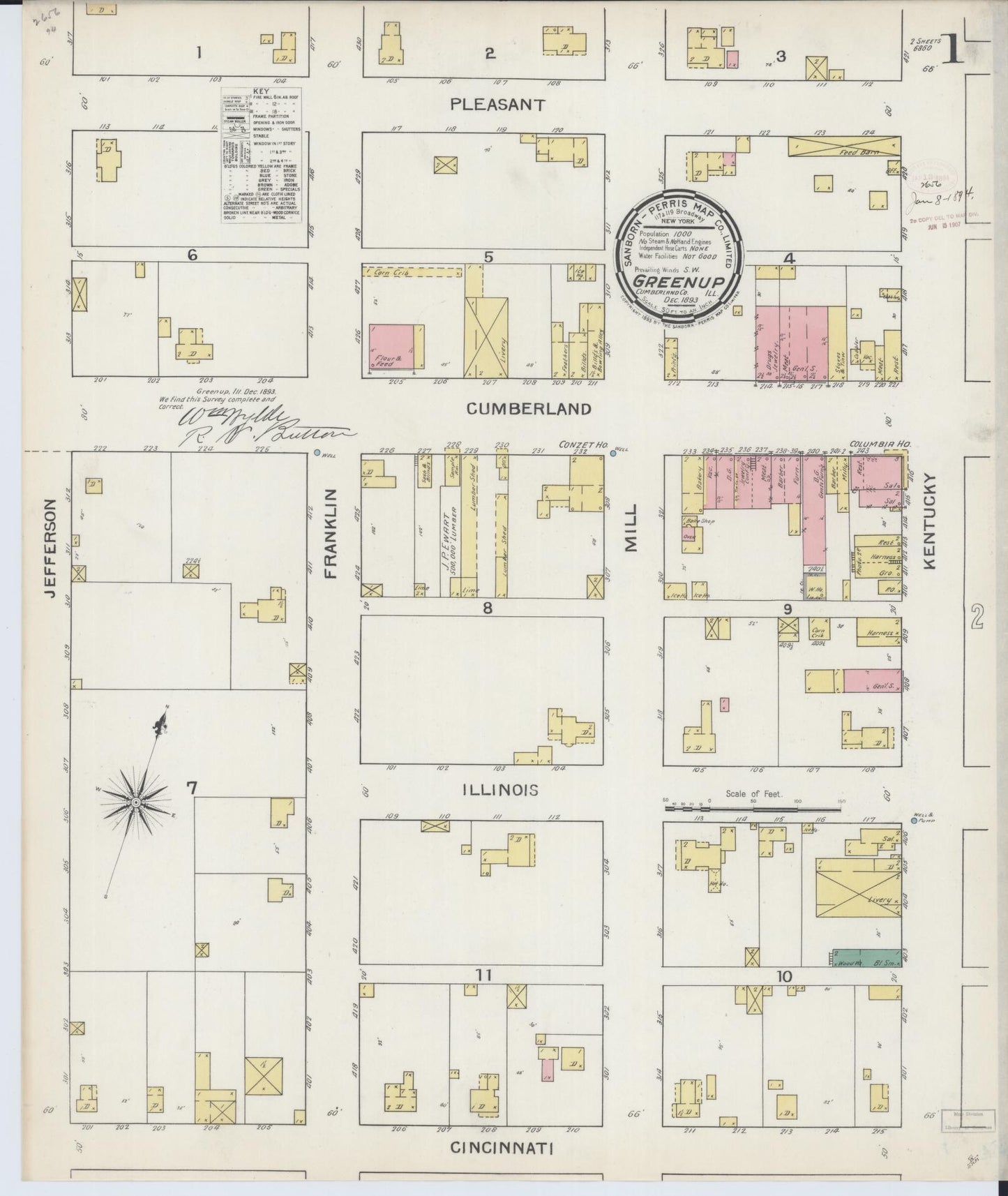 Sanborn Fire Insurance Map from Greenup, Cumberland County, Illinois (1893), Sheet #0001 - Historic Sanborn Fire Insurance Map Print, vintage old map wall art, antique decor, genealogy gift, Illinois Illinois map