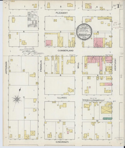 Sanborn Fire Insurance Map from Greenup, Cumberland County, Illinois (1893), Sheet #0001 - Historic Sanborn Fire Insurance Map Print, vintage old map wall art, antique decor, genealogy gift, Illinois Illinois map