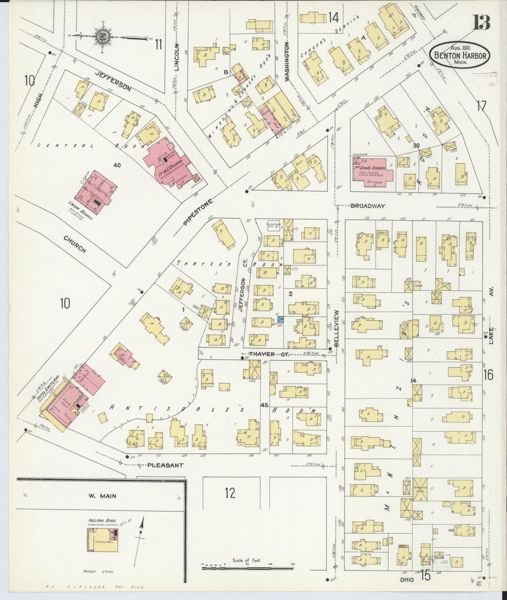 Sanborn Fire Insurance Map from Benton Harbor, Berrien County, Michigan (1911), Sheet #0013 - Complete Map Set gallery image, historic Sanborn map, vintage wall art, Michigan Michigan