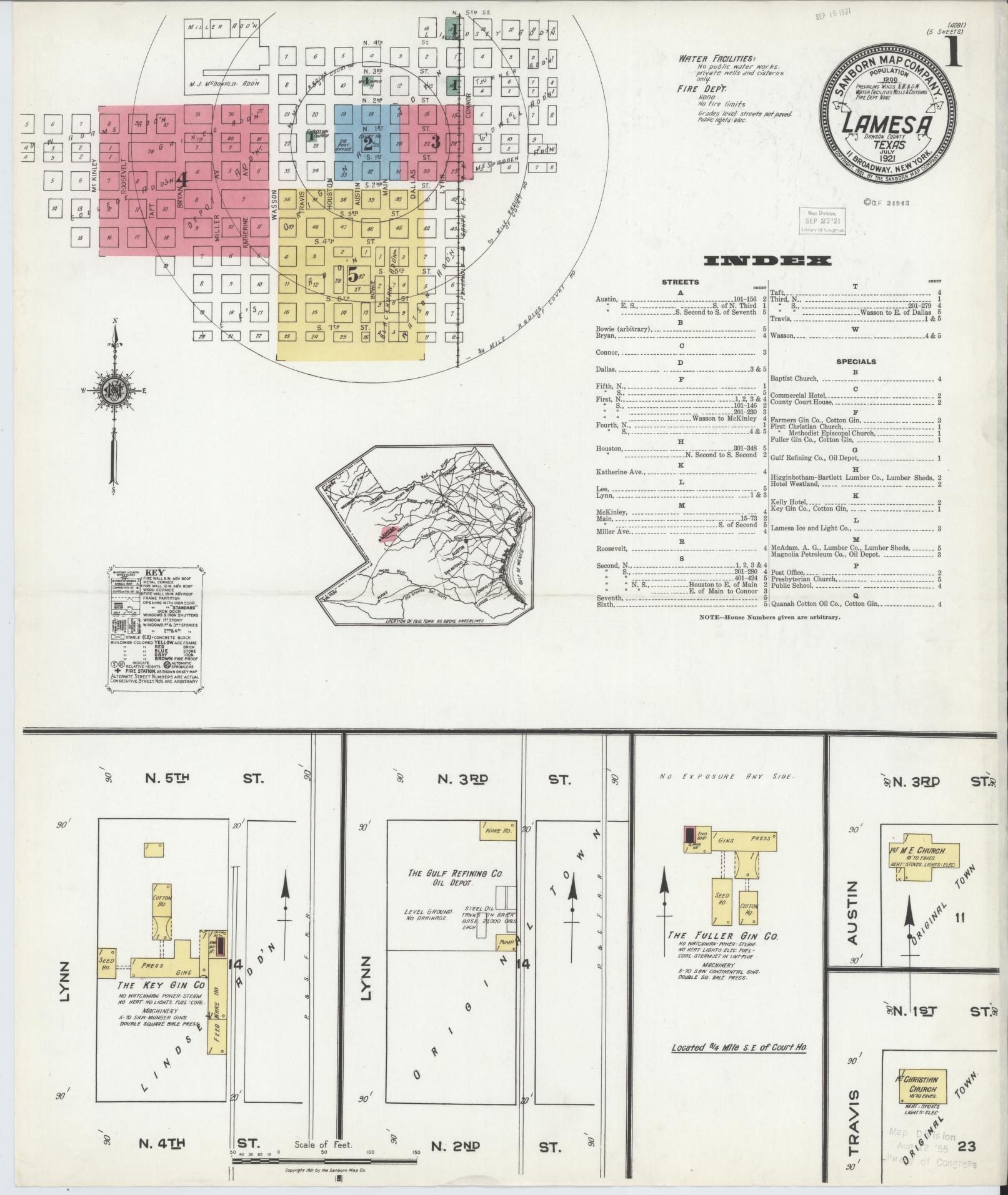 Sanborn Fire Insurance Map from Lamesa, Dawson County, Texas (1921), Sheet #0001 - Historic Sanborn Fire Insurance Map Print, vintage old map wall art, antique decor, genealogy gift, Texas Texas map