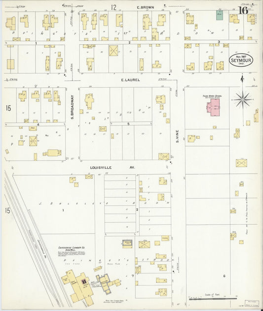 Sanborn Fire Insurance Map from Seymour, Jackson County, Indiana (1907), Sheet #0016 - Historic Sanborn Fire Insurance Map Print, vintage old map wall art, antique decor, genealogy gift, Indiana Indiana map