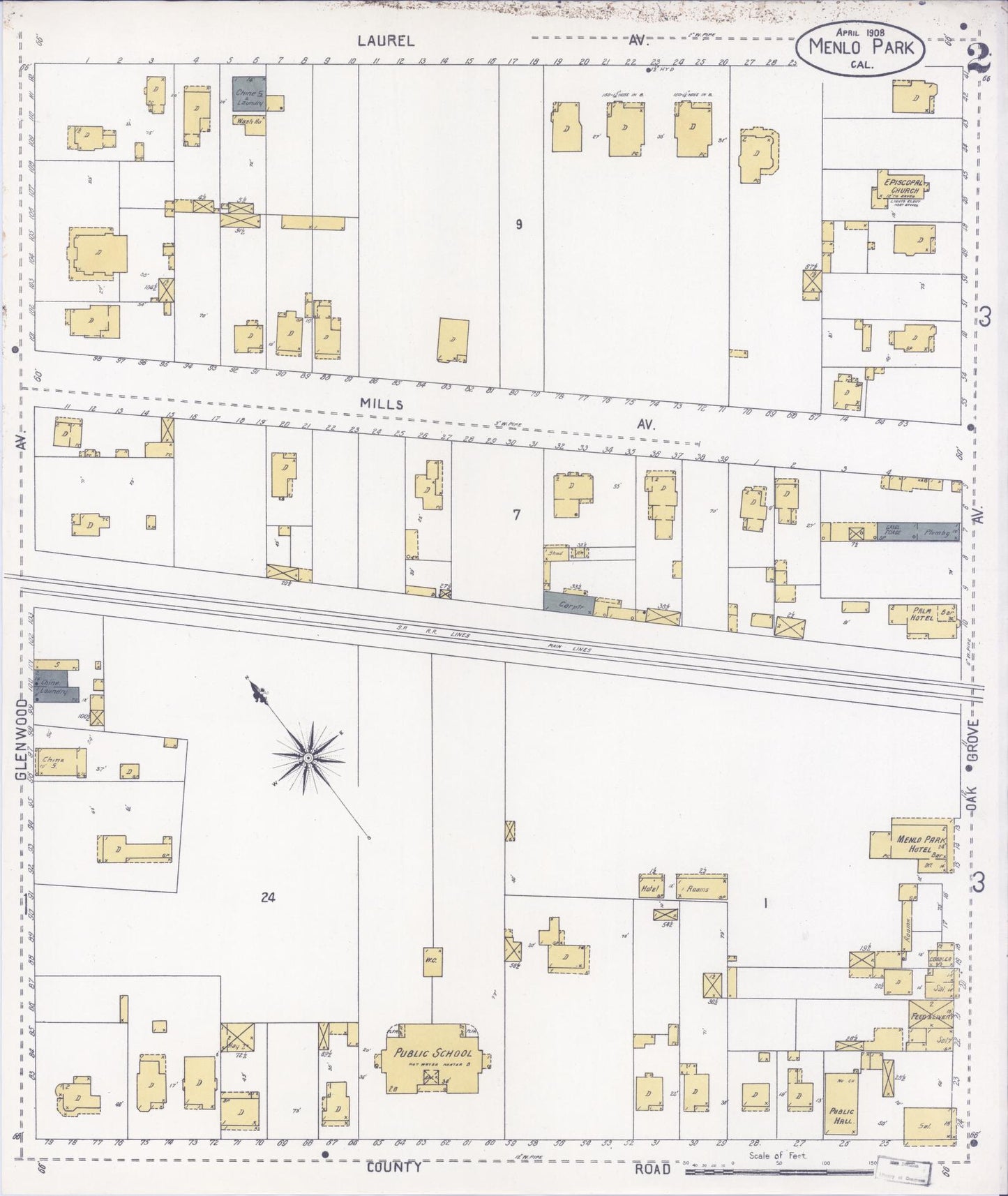 Sanborn Fire Insurance Map from Menlo Park, San Mateo County, California (1908), Sheet #0002 - Historic Sanborn Fire Insurance Map Print, vintage old map wall art, antique decor, genealogy gift, California California map