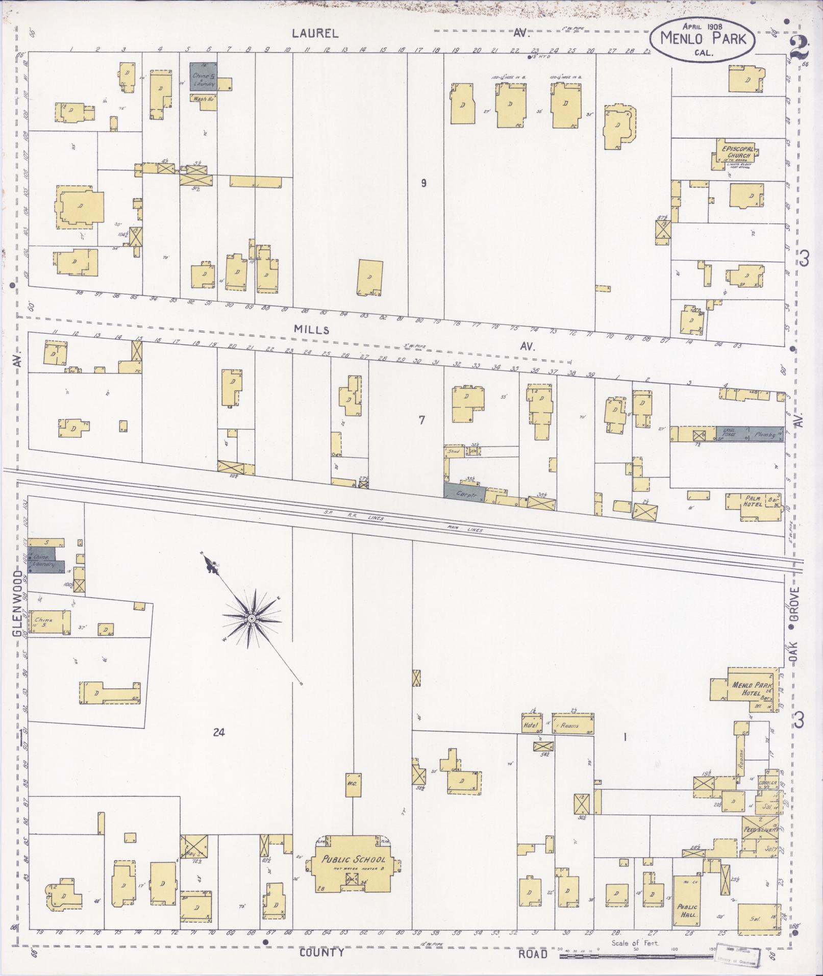 Sanborn Fire Insurance Map from Menlo Park, San Mateo County, California (1908), Sheet #0002 - Historic Sanborn Fire Insurance Map Print, vintage old map wall art, antique decor, genealogy gift, California California map