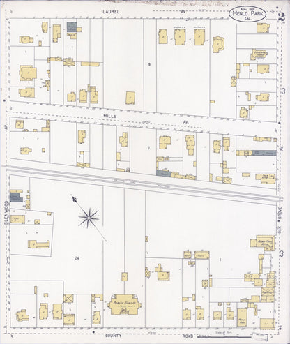 Sanborn Fire Insurance Map from Menlo Park, San Mateo County, California (1908), Sheet #0002 - Historic Sanborn Fire Insurance Map Print, vintage old map wall art, antique decor, genealogy gift, California California map