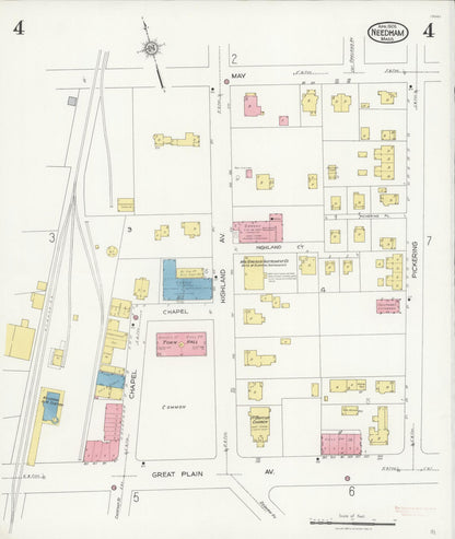 Sanborn Fire Insurance Map from Needham, Norfolk County, Massachusetts (1926), Sheet #0004 - Historic Sanborn Fire Insurance Map Print, vintage old map wall art, antique decor, genealogy gift, Massachusetts Massachusetts map
