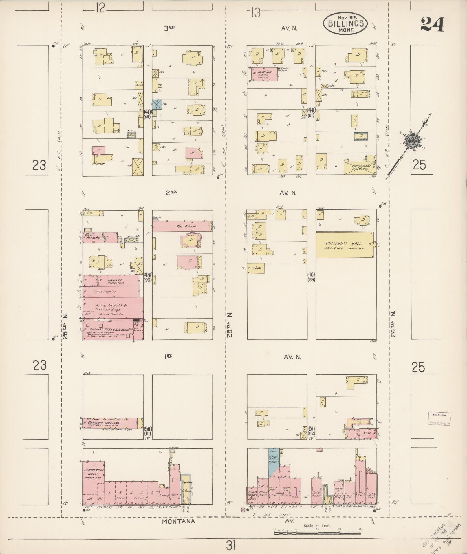 Sanborn Fire Insurance Map from Billings, Yellowstone County, Montana (1912), Sheet #0024 - Historic Sanborn Fire Insurance Map Print, vintage old map wall art, antique decor, genealogy gift, Montana Montana map
