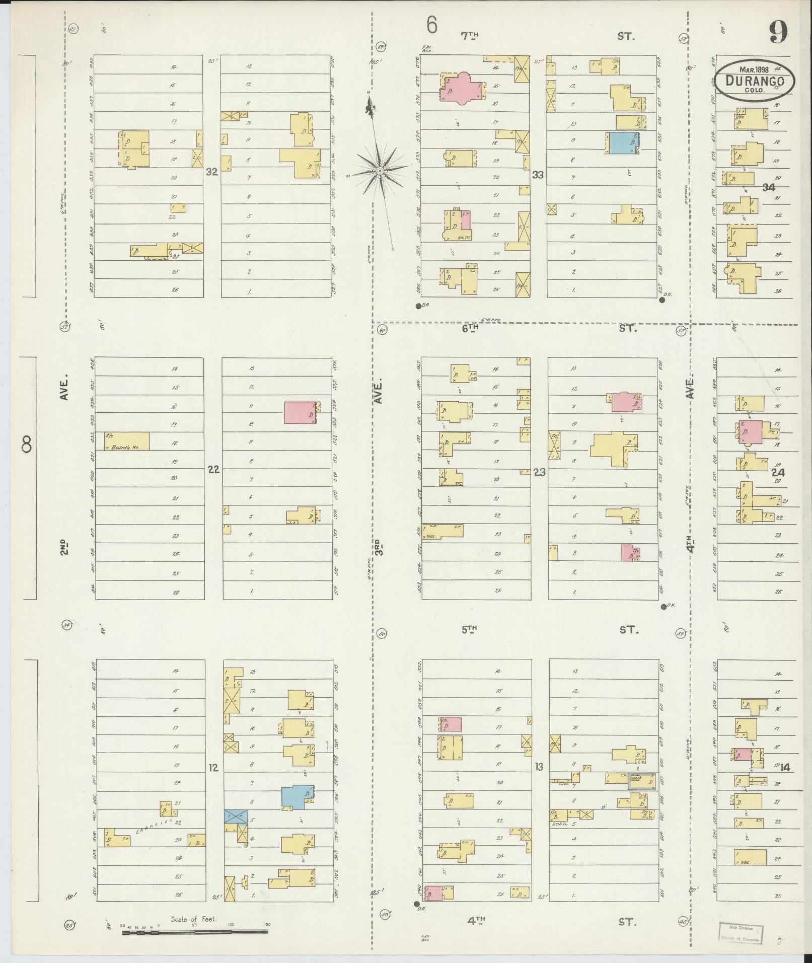 Sanborn Fire Insurance Map from Durango, La Plata County, Colorado (1898), Sheet #0009 - Complete Map Set gallery image, historic Sanborn map, vintage wall art, Colorado Colorado