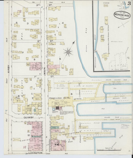 Sanborn Fire Insurance Map from Menominee, Menominee County, Michigan (1887), Sheet #0003 - Historic Sanborn Fire Insurance Map Print, vintage old map wall art, antique decor, genealogy gift, Michigan Michigan map