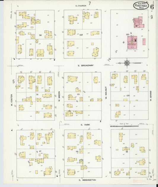 Sanborn Fire Insurance Map from Hastings, Barry County, Michigan (1909), Sheet #0006 - Historic Sanborn Fire Insurance Map Print, vintage old map wall art, antique decor, genealogy gift, Michigan Michigan map
