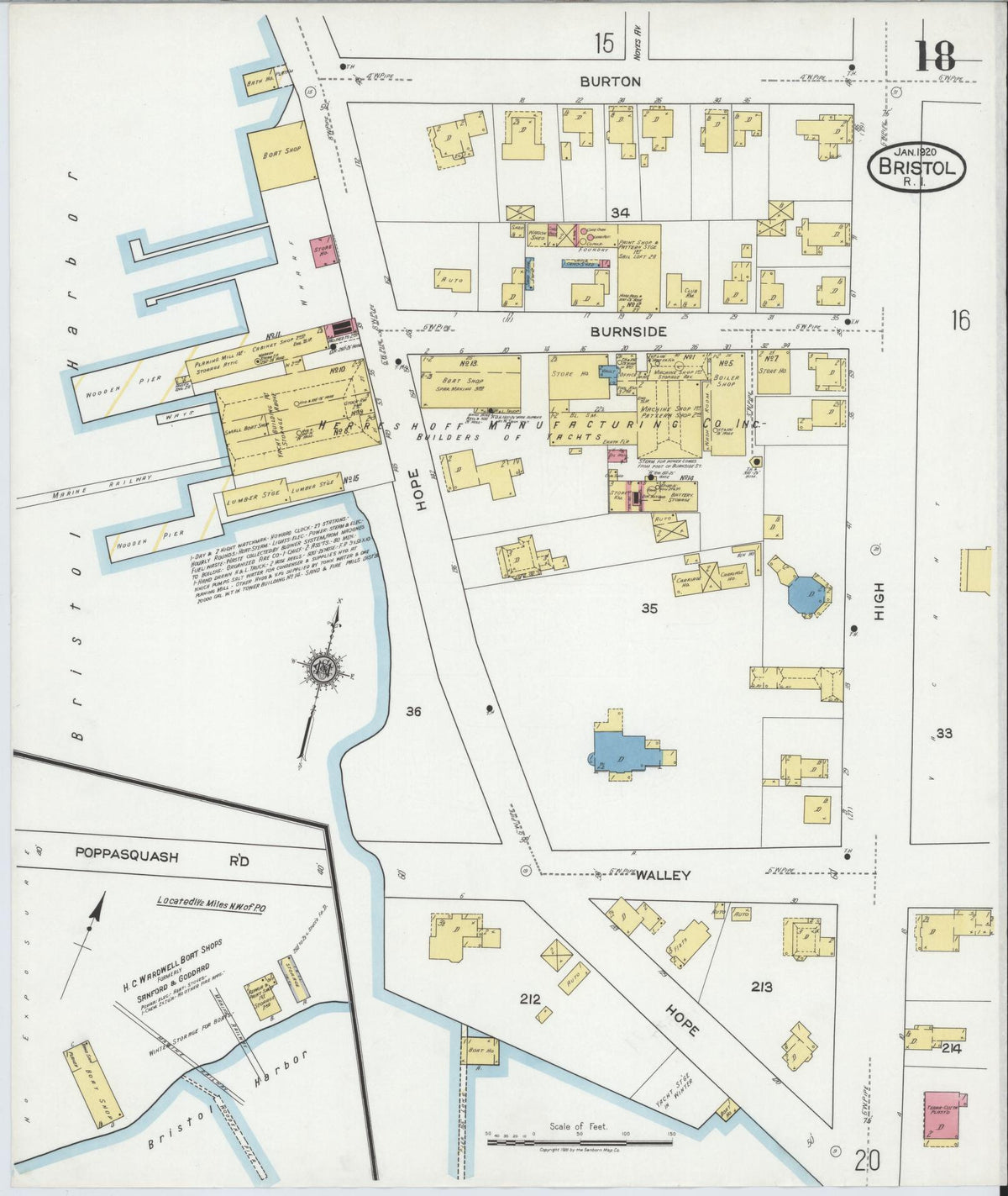 Sanborn Fire Insurance Map from Bristol, Bristol County, Rhode Island (1920), Sheet #0018 - Historic Sanborn Fire Insurance Map Print, vintage old map wall art, antique decor, genealogy gift, Rhode Island Rhode Island map
