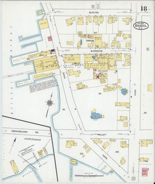 Sanborn Fire Insurance Map from Bristol, Bristol County, Rhode Island (1920), Sheet #0018 - Historic Sanborn Fire Insurance Map Print, vintage old map wall art, antique decor, genealogy gift, Rhode Island Rhode Island map