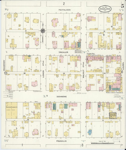 Sanborn Fire Insurance Map from Highland, Madison County, Illinois (1908), Sheet #0005 - Historic Sanborn Fire Insurance Map Print, vintage old map wall art, antique decor, genealogy gift, Illinois Illinois map