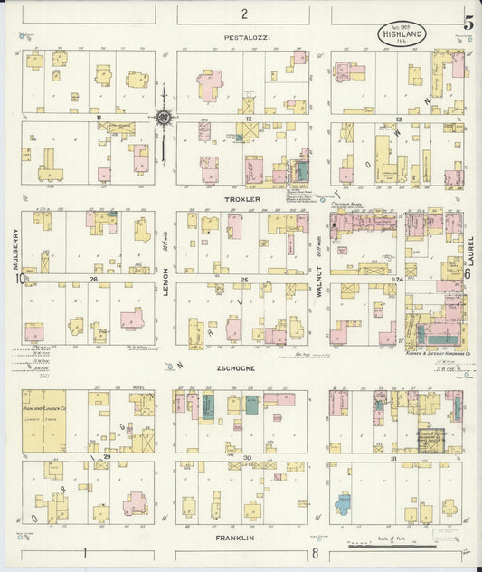 Sanborn Fire Insurance Map from Highland, Madison County, Illinois (1908), Sheet #0005 - Historic Sanborn Fire Insurance Map Print, vintage old map wall art, antique decor, genealogy gift, Illinois Illinois map