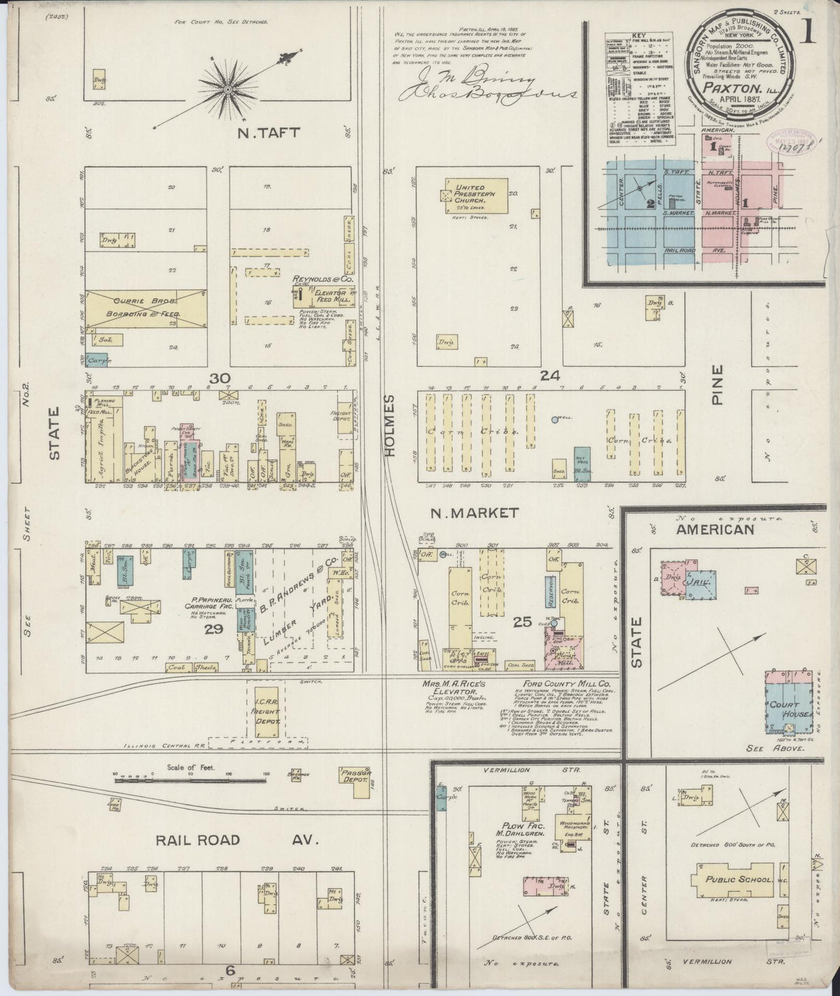 Sanborn Fire Insurance Map from Paxton, Ford County, Illinois (1887), Sheet #0001 - Complete Map Set gallery image, historic Sanborn map, vintage wall art, Illinois Illinois
