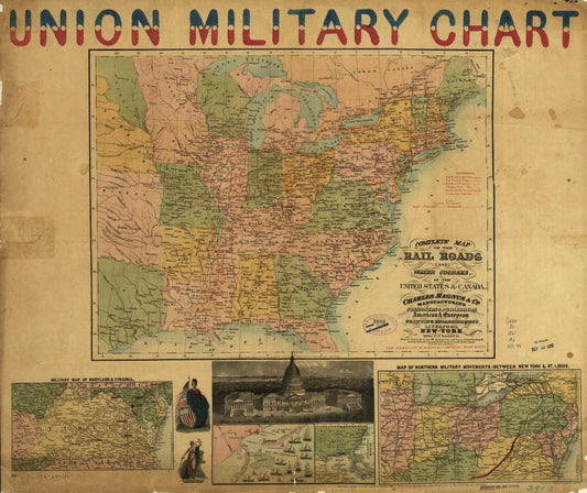 Complete map of the rail roads and water courses, in the United States & Canada. Civil War Map (1861) - Historic Battlefield Map Reprint