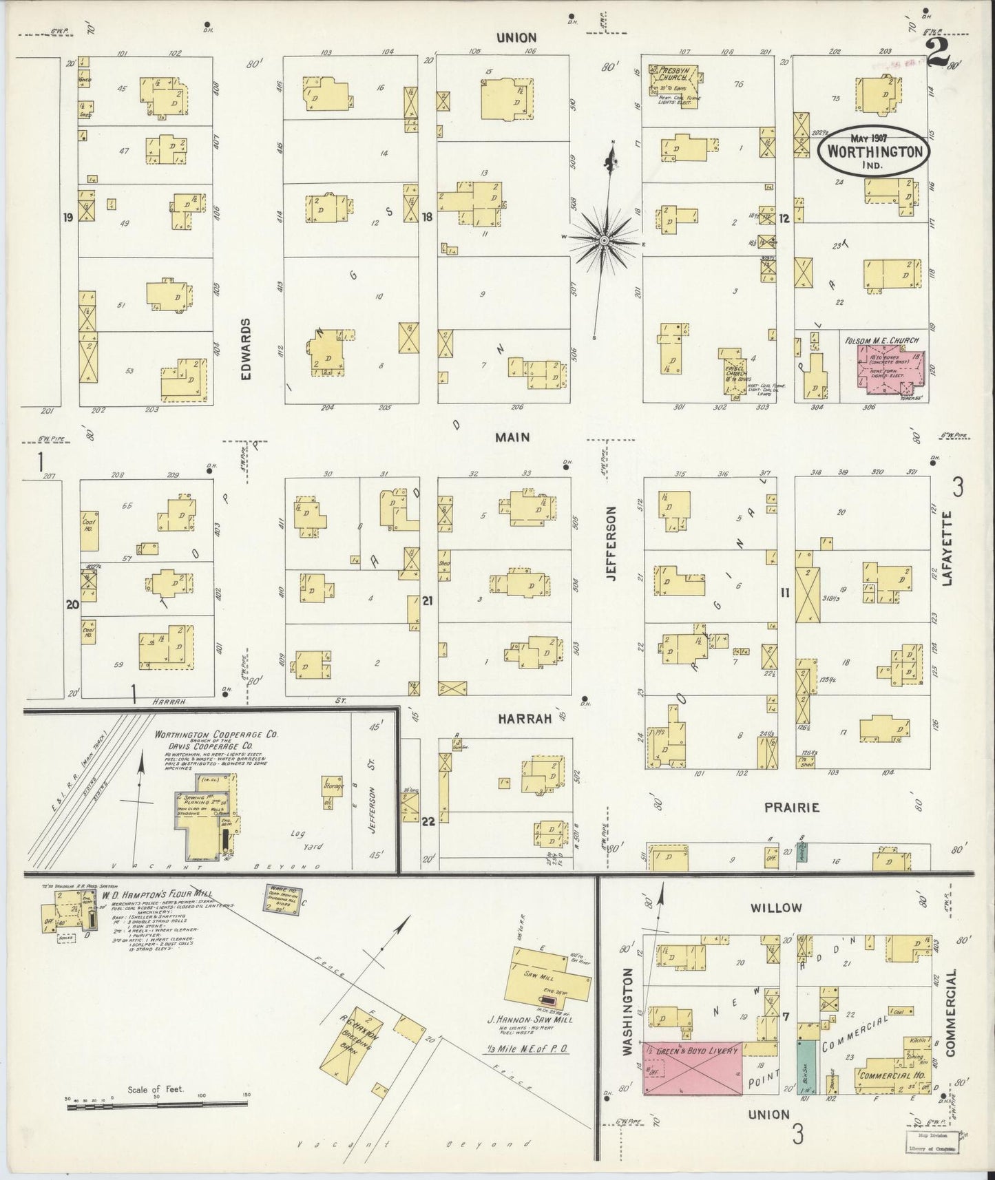 Sanborn Fire Insurance Map from Worthington, Greene County, Indiana (1907), Sheet #0002 - Complete Map Set gallery image, historic Sanborn map, vintage wall art, Indiana Indiana