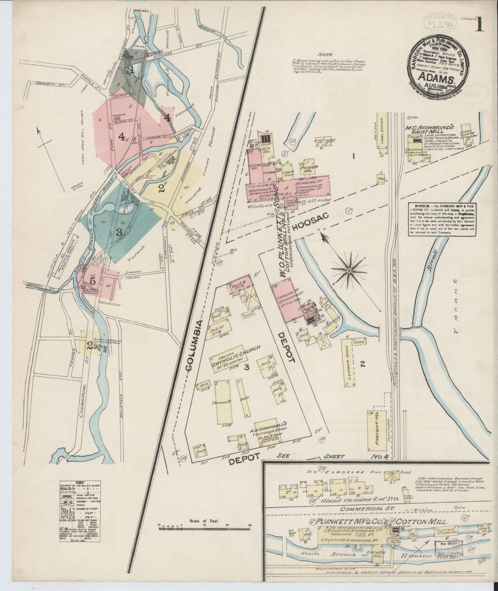 Sanborn Fire Insurance Map from Adams, Berkshire County, Massachusetts (1884), Sheet #0001 - Complete Map Set gallery image, historic Sanborn map, vintage wall art, Massachusetts Massachusetts