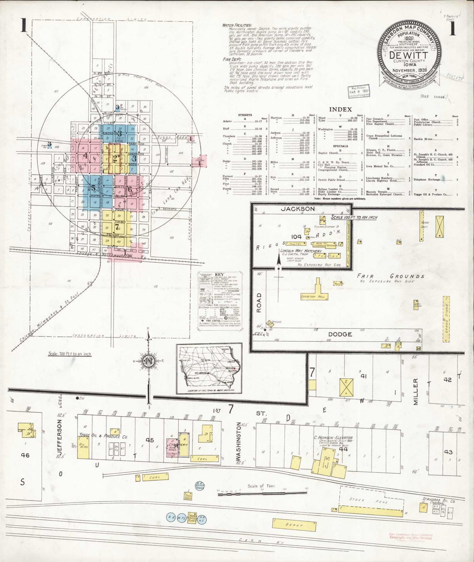 Sanborn Fire Insurance Map from De Witt, Clinton County, Iowa (1926), Sheet #0001 - Historic Sanborn Fire Insurance Map Print, vintage old map wall art