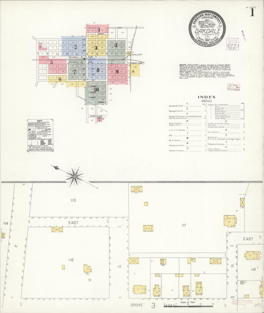 Sanborn Fire Insurance Map from Oakdale, Stanislaus County, California (1907), Sheet #0001 - Complete Map Set gallery image, historic Sanborn map, vintage wall art, California California