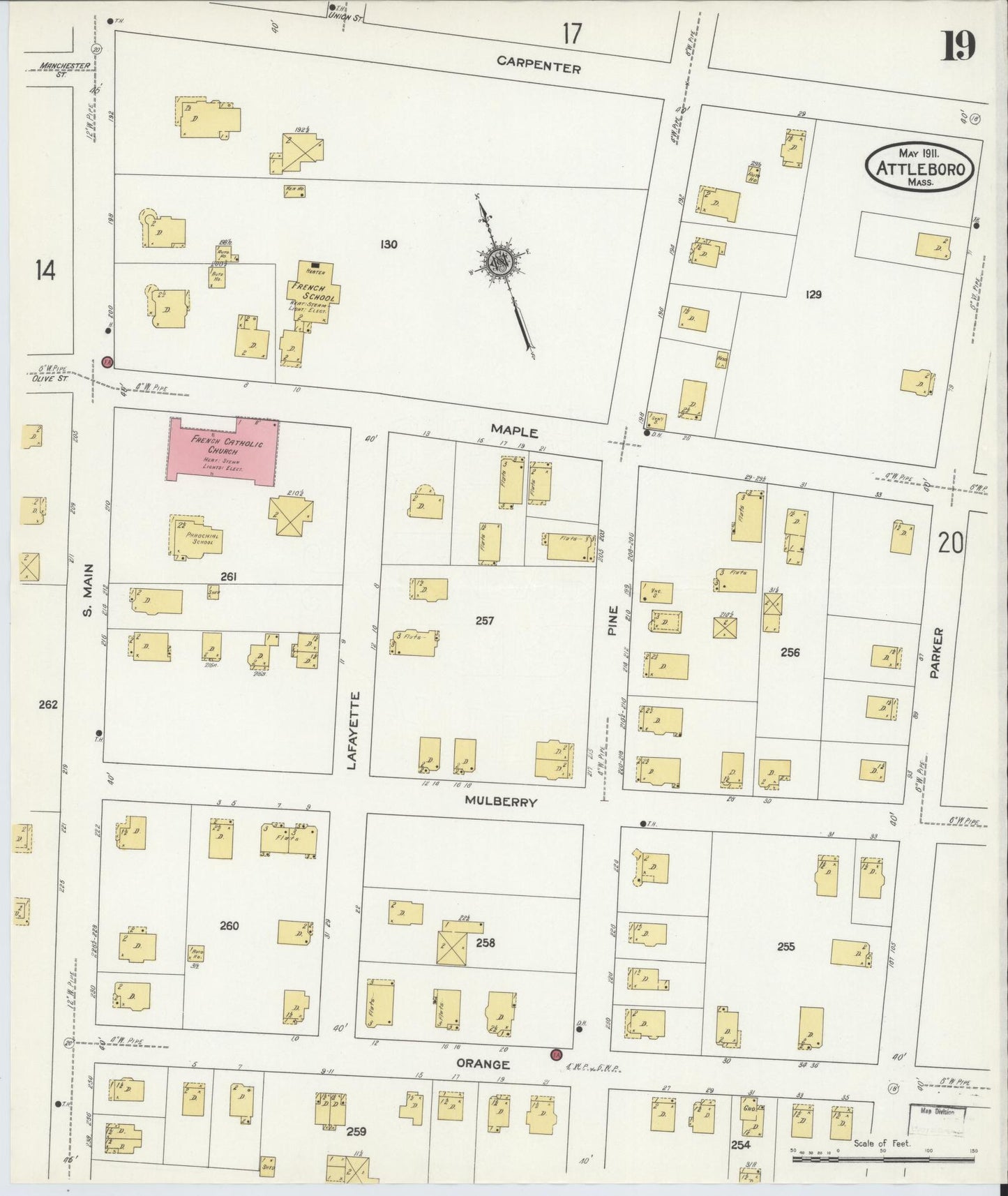 Sanborn Fire Insurance Map from Attleboro, Bristol County, Massachusetts (1911), Sheet #0019 - Complete Map Set gallery image, historic Sanborn map, vintage wall art, Massachusetts Massachusetts