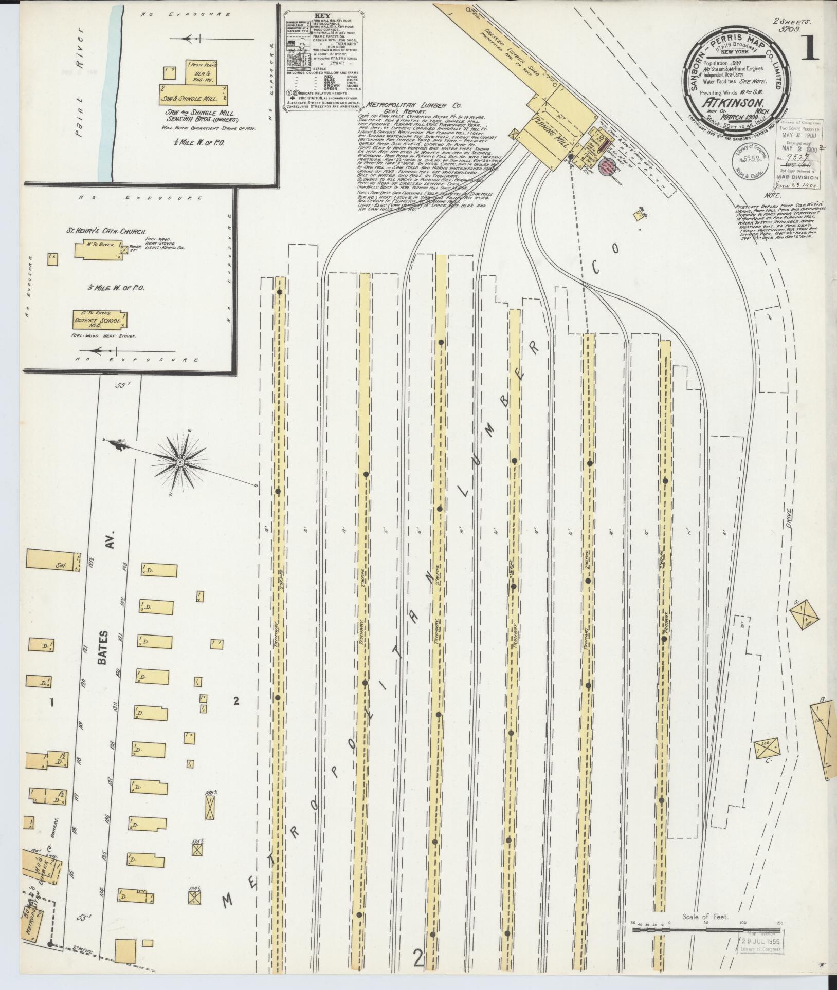 Sanborn Fire Insurance Map from Atkinson, Iron County, Michigan (1900), Sheet #0001 - Historic Sanborn Fire Insurance Map Print, vintage old map wall art, antique decor, genealogy gift, Michigan Michigan map